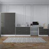 Reflect 2 Door Sliding Wardrobe, 6 Drawer Wide Chest, 3 Drawer Bedside, 4 Drawer Desk - Grey Gloss & Matt White - Modern Bedroom Furniture Set.