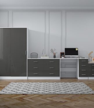 Reflect 2 Door Sliding Wardrobe, 6 Drawer Wide Chest, 3 Drawer Bedside, 4 Drawer Desk - Grey Gloss & Matt White - Modern Bedroom Furniture Set.