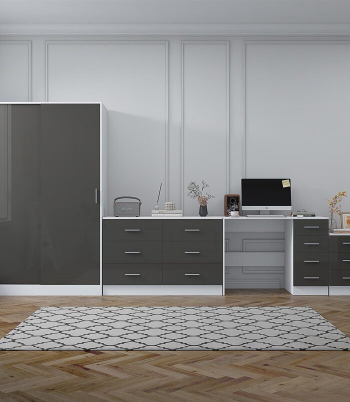 Reflect 2 Door Sliding Wardrobe, 6 Drawer Wide Chest, 3 Drawer Bedside, 4 Drawer Desk - Grey Gloss & Matt White - Modern Bedroom Furniture Set.