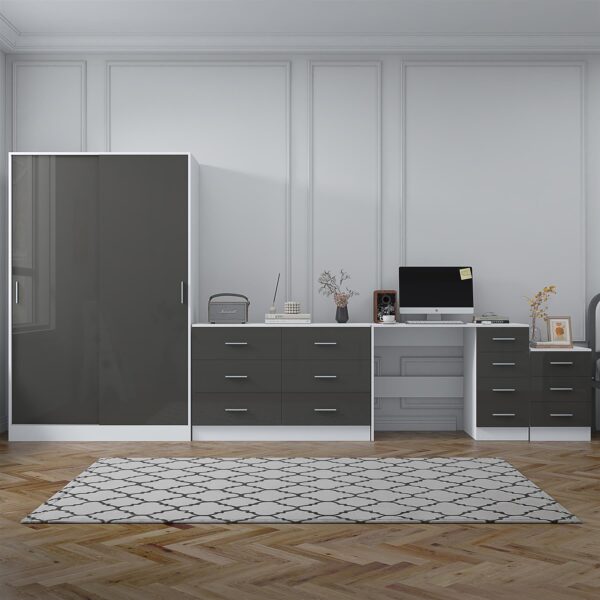 REFLECT Gloss 4pc Set - 2 Door Sliding Wardrobe + Wide Chest + Bedside + Desk.