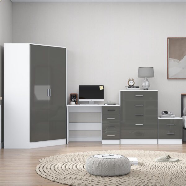 Reflect 2 Door Corner Wardrobe, 5 Drawer Chest, 2 Drawer Bedside & Desk - Grey Gloss & Matt White - Bedroom Furniture Set - Image 3