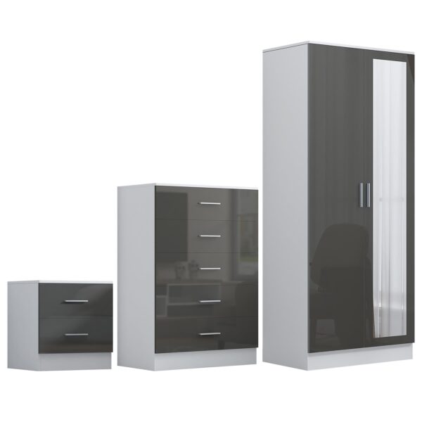 Reflect 2 Door Mirror Wardrobe, 5 Drawer Chest, 2 Drawer Bedside - Grey Gloss & Matt White - Modern Bedroom Furniture Set - Image 5
