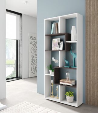 KAWA 7 Tier Open Shelf Modern Bookcase for Bedroom, Living Room & Home Office - H: 180cm x W: 80cm x D: 25cm - White/Dark Brown.
