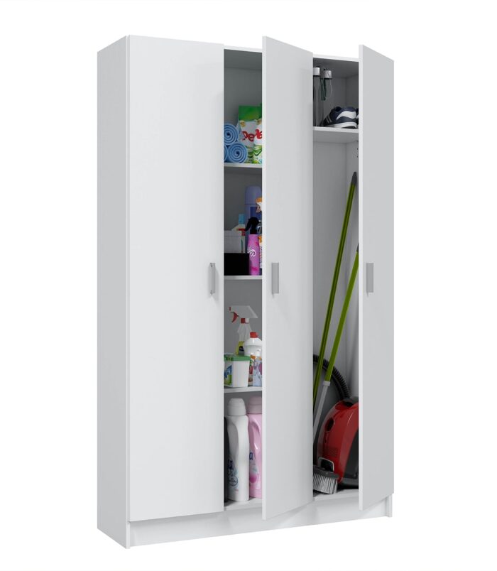 VITA White 3 Door Broom Cupboard - Modular Kitchen & Utility Room Cleaning Storage Cabinet - H: 180cm x W: 109cm x D: 37cm.