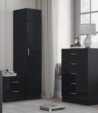 Reflect 1 Door Plain Wardrobe, 5 Drawer Chest, 2 Drawer Bedside - Black Gloss & Black Oak - Bedroom Furniture Set