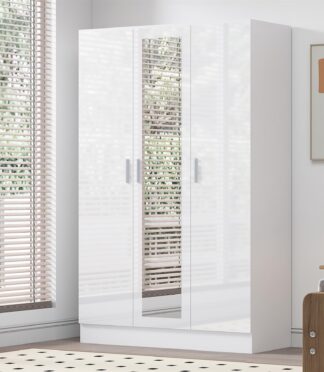 Reflect 3 Door Mirror Wardrobe-White Gloss & Matt White-Hanging Rail & 4 Shelves-H: 180cm x W: 113cm x D: 47cm - Modern Design