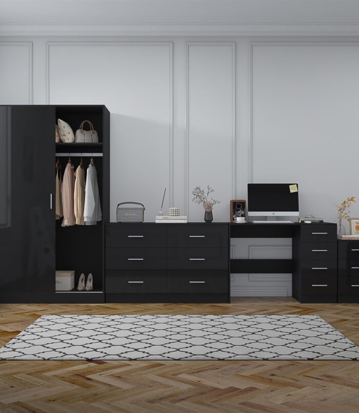 REFLECT Gloss 4pc Set - 2 Door Sliding Wardrobe + Wide Chest + Bedside + Desk.
