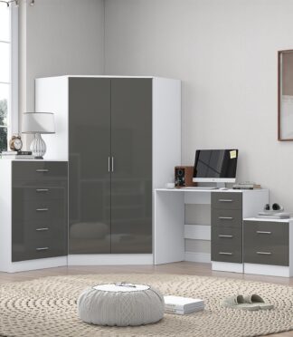 Reflect 2 Door Corner Wardrobe, 5 Drawer Chest, 2 Drawer Bedside & Desk - Grey Gloss & Matt White - Bedroom Furniture Set