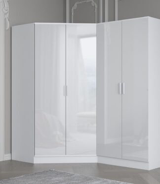 Reflect 2pc Wardrobe Bundle - 2 Door Corner + 2 Door Plain - White Gloss & Matt White - H: 180cm x W: 179cm x D: 103cm