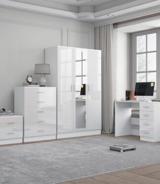 Reflect 3 Door Mirror Wardrobe, 5 Drawer Chest, 2 Drawer Bedside & Desk - White Gloss & Matt White - Modern Bedroom Furniture Set