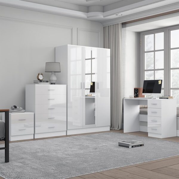 Reflect 3 Door Mirror Wardrobe, 5 Drawer Chest, 2 Drawer Bedside & Desk - White Gloss & Matt White - Modern Bedroom Furniture Set
