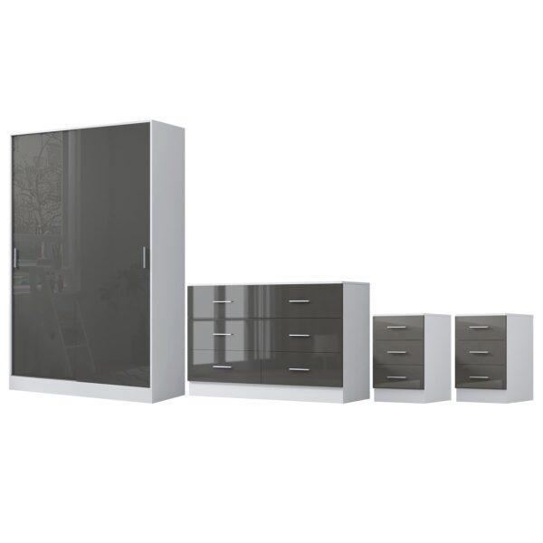 Reflect 2 Door Sliding Wardrobe, 6 Drawer Wide Chest, 2x3 Drawer Bedsides - Grey Gloss & Matt White - Modern Bedroom Furniture Set - Image 5