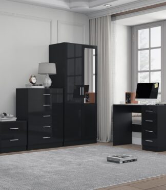 Reflect 2 Door Mirror Wardrobe, 5 Drawer Chest, 2 Drawer Bedside & Desk - Black Gloss & Black Oak - Modern Bedroom Furniture Set