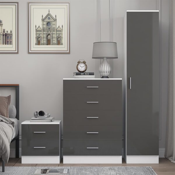 Reflect 1 Door Plain Wardrobe, 5 Drawer Chest, 2 Drawer Bedside - Grey Gloss & Matt White - Bedroom Furniture Set - Image 3