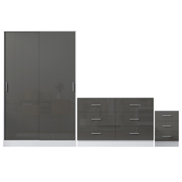 Reflect 2 Door Sliding Wardrobe, 6 Drawer Wide Chest, 3 Drawer Bedside - Grey Gloss & Matt White - Modern Bedroom Furniture Set - Image 6