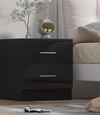 Reflect 2 Drawer Bedside - Black Gloss & Black Oak - Modern Nightstand for Bedroom Storage - H: 48.5cm x W: 45cm x D: 39.5cm