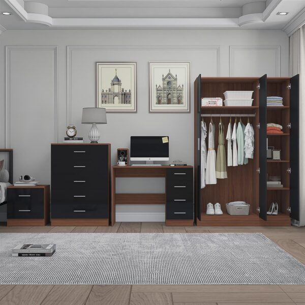 REFLECT Gloss 4pc Set - 3 Door Mirrored Wardrobe + 5 Draw Chest + Bedside + Desk - Image 20