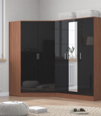 Reflect 2pc Wardrobe Bundle - 2 Door Corner + 3 Door Mirror - Black Gloss & Walnut - H: 180cm x W: 179cm x D: 103cm
