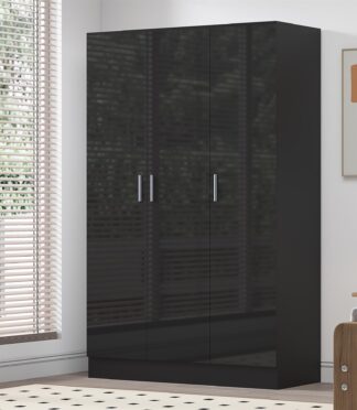 Reflect 3 Door Plain Wardrobe - Black Gloss & Black Oak - Hanging Rail & 4 Shelves- H: 180cm x W: 113cm x D: 47cm - Modern Design