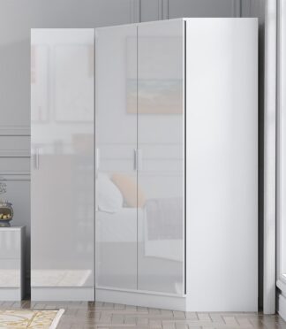 Reflect 2pc Wardrobe Bundle - 2 Door Corner + 1 Door Plain - White Gloss & Matt White - H: 180cm x W: 179cm x D: 103cm