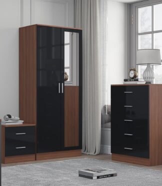Reflect 2 Door Mirror Wardrobe, 5 Drawer Chest, 2 Drawer Bedside - Black Gloss & Walnut - Modern Bedroom Furniture Set