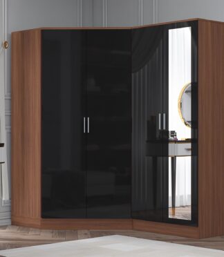 Reflect 2pc Wardrobe Bundle - 2 Door Corner + 2 Door Mirror - Black Gloss & Walnut - H: 180cm x W: 179cm x D: 103cm