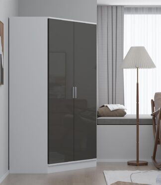 Reflect 2 Door Corner Wardrobe - Grey Gloss & Matt White - 2 Hanging Rails & 8 Shelves - H: 180cm x W: 103cm - Modern Design