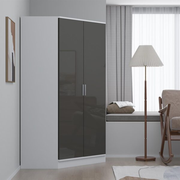 Reflect 2 Door Corner Wardrobe - Grey Gloss & Matt White - 2 Hanging Rails & 8 Shelves - H: 180cm x W: 103cm - Modern Design
