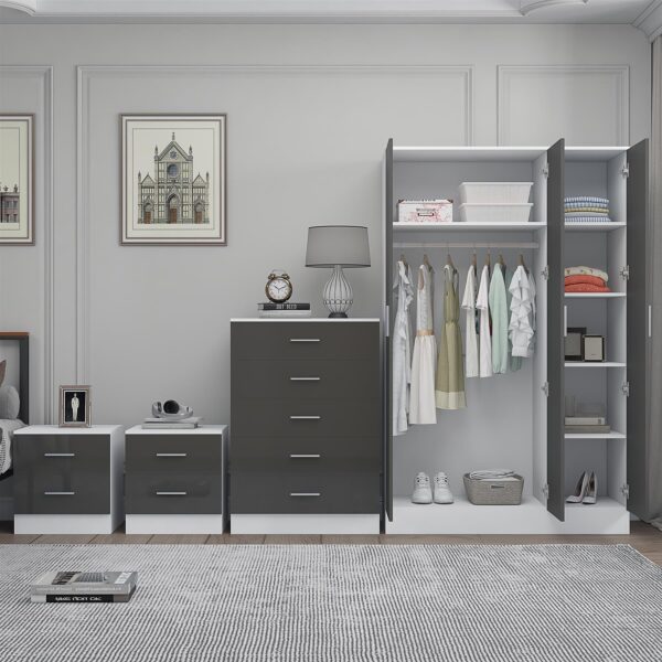 REFLECT Gloss 4pc Set - 3 Door Mirrored Wardrobe + 5 Draw Chest + 2 Bedsides - Image 8
