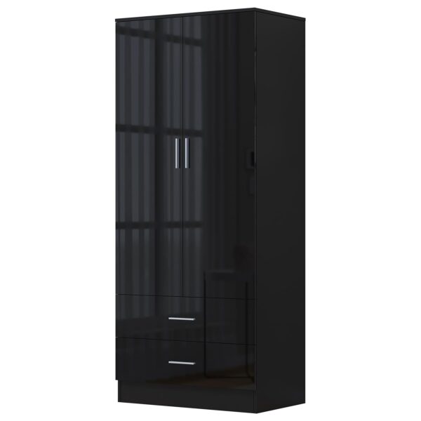Reflect 2 Door 2 Drawer Combi Plain Wardrobe - Black Gloss & Black Oak - Hanging Rails, Drawers & Shelf - H: 180cm x W: 76cm - Image 8