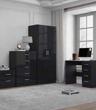 Reflect 2 Door Plain Wardrobe, 5 Drawer Chest, 2 Drawer Bedside & Desk - Black Gloss & Black Oak - Modern Bedroom Furniture Set