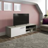 KIKUA Grey & White Modern TV Unit with 2 Doors and Open Storage- Media Stand for Living Room.