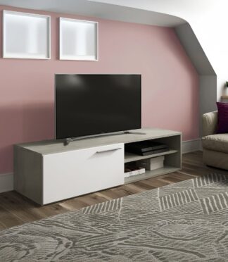 KIKUA Grey & White Modern TV Unit with 2 Doors and Open Storage- Media Stand for Living Room.