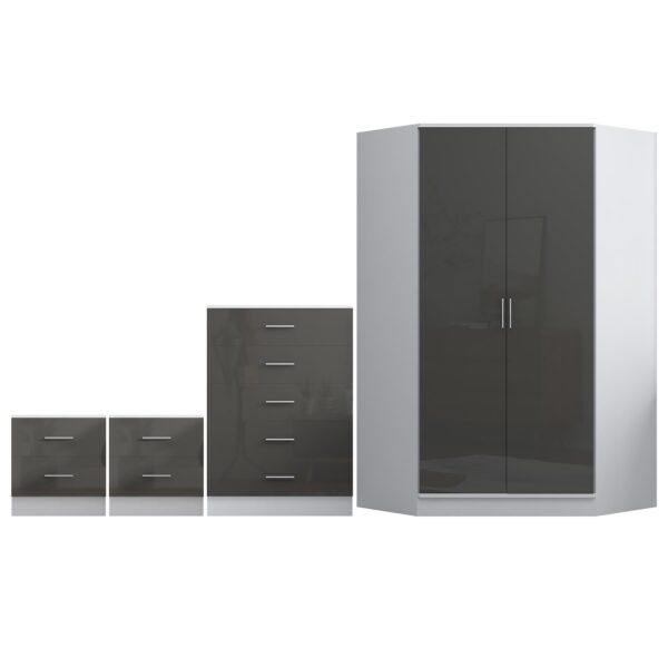 Reflect 2 Door Corner Wardrobe, 5 Drawer Chest, 2x 2 Drawer Bedsides - Grey Gloss & Matt White - Bedroom Furniture Set - Image 7