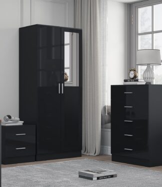 Reflect 2 Door Mirror Wardrobe, 5 Drawer Chest, 2 Drawer Bedside - Black Gloss & Black Oak - Modern Bedroom Furniture Set