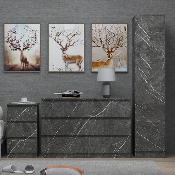 ZITA Grey Marble Effect 3 Piece Bedroom Set - 1-Door Wardrobe, Wide Chest & Bedside Table, Stylish Modern Bedroom Furniture - Image 3
