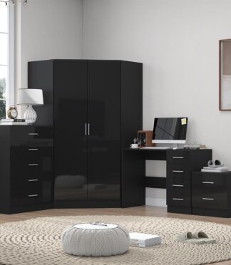 Reflect 2 Door Corner Wardrobe, 5 Drawer Chest, 2 Drawer Bedside & Desk - Black Gloss & Black Oak - Bedroom Furniture Set