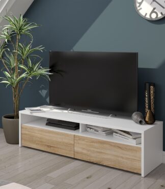 KIOTO 2 Door TV Unit in Oak & Satin White- Modern Media Cabinet with Storage.