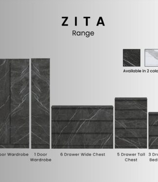 ZITA Bedroom Furniture Range Wardrobe Chest Bedside in Grey Marble Effect