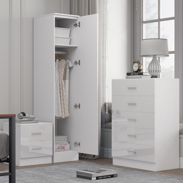 Reflect 1 Door Plain Wardrobe, 5 Drawer Chest, 2 Drawer Bedside - White Gloss & Matt White - Bedroom Furniture Set - Image 2