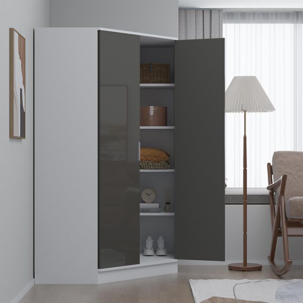 Reflect 2 Door Corner Wardrobe - Grey Gloss & Matt White - 2 Hanging Rails & 8 Shelves - H: 180cm x W: 103cm - Modern Design - Image 2